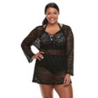 Plus Size Beach Scene Crochet Lace-up Cover-up, Women's, Size: 3xl, Black