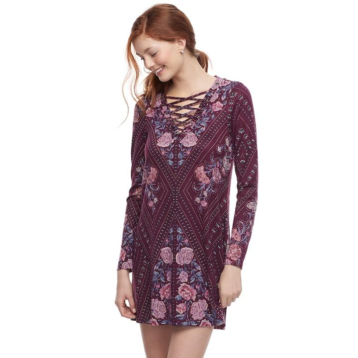 Juniors' About A Girl Print Lace-up Swing Dress, Size: Small, Purple