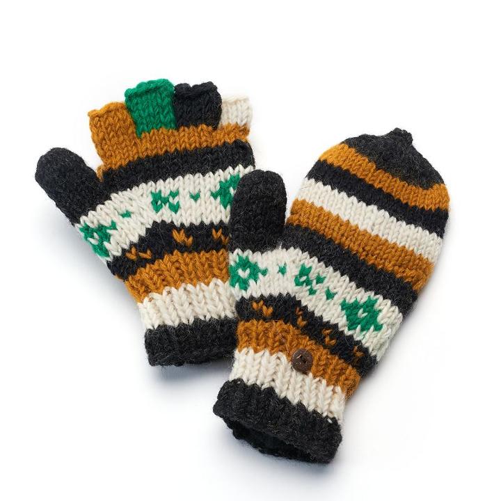 Sijjl Women's Striped Wool Convertible Mittens, Brown