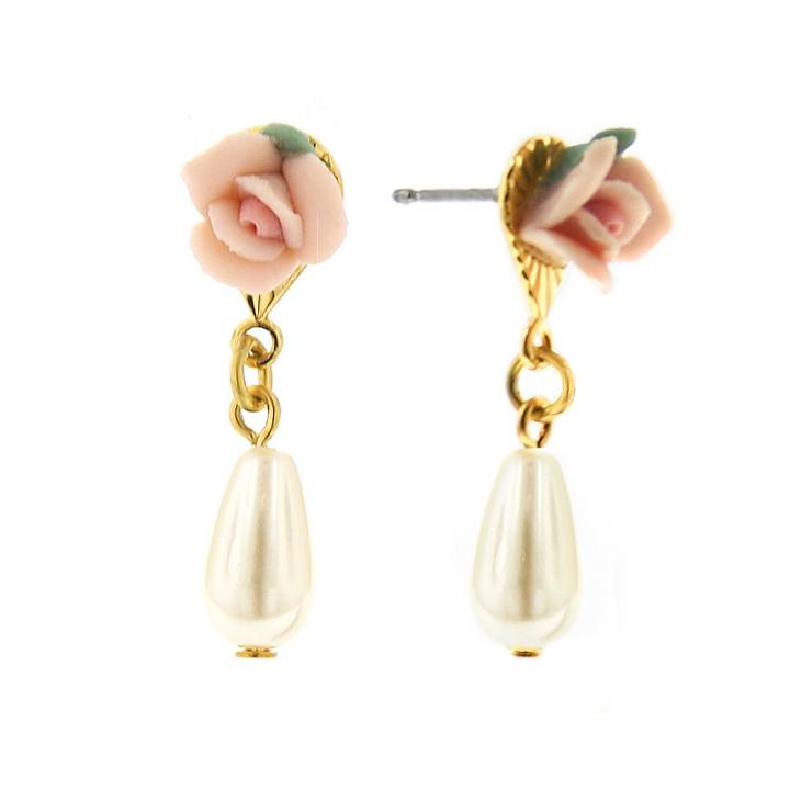 1928 Gold Tone Floral Simulated Pearl Drop Earrings, Women's, Pink