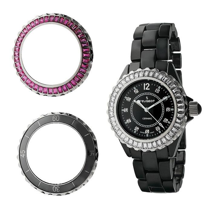 Peugeot Silver Tone And Black Ceramic Crystal Watch Set - Made With Swarovski Elements - Women, Women's, Durable