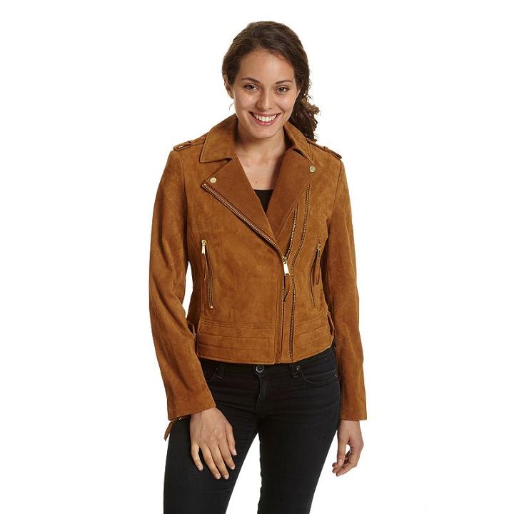 Women's Excelled Asymmetrical Suede Motorcycle Jacket, Size: Large, Beig/green (beig/khaki)