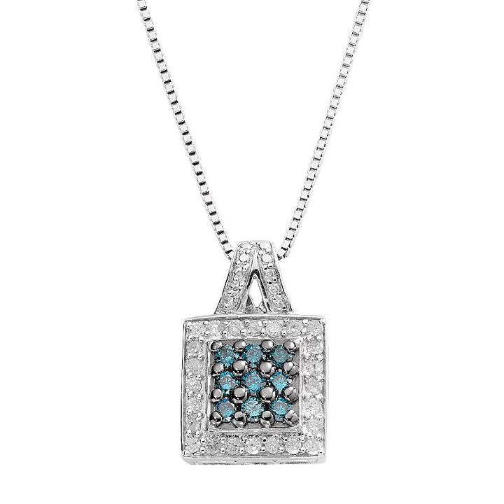 Sterling Silver 1/2-ct. T.w. Blue And White Diamond Square Pendant, Women's