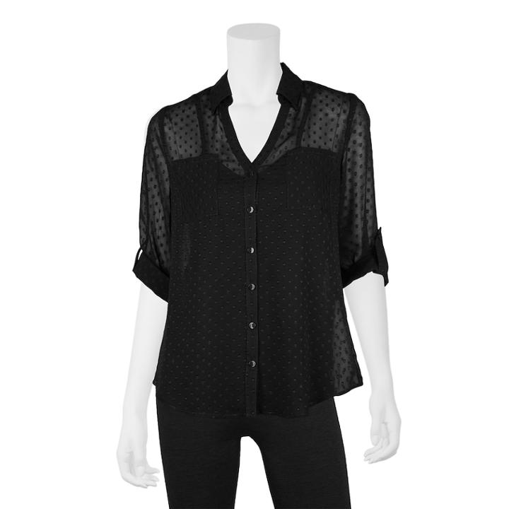 Juniors' Iz Byer Roll-tab Shirt, Size: Xs, Black