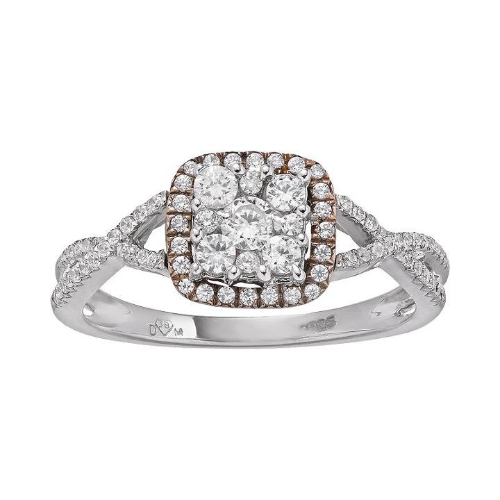 1/2 Carat T.w. Diamond 10k White Gold And 10k Rose Gold Over 10k White Gold Square Halo Ring, Women's, Size: 7