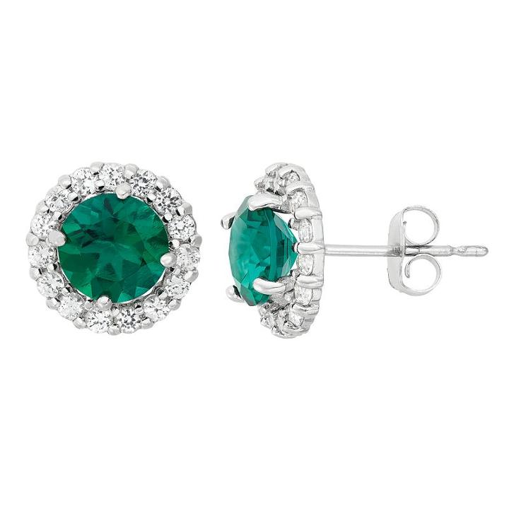 Lab-created Emerald & White Topaz 10k White Gold Halo Stud Earrings, Women's, Green