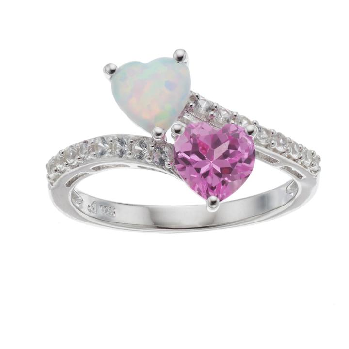 Sterling Silver Lab-created Opal, Pink & White Sapphire Heart Ring, Women's, Size: 8