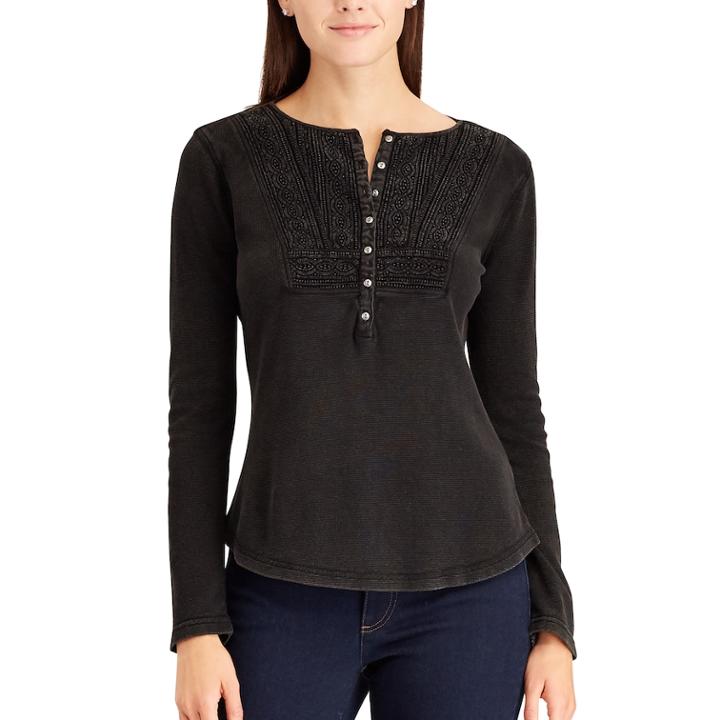 Petite Chaps Lace-trim Henley, Women's, Size: S Petite, Black