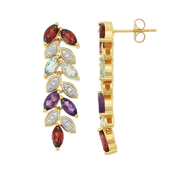 18k Gold Over Silver Gemstone Leaf Linear Drop Earrings, Women's, Multicolor