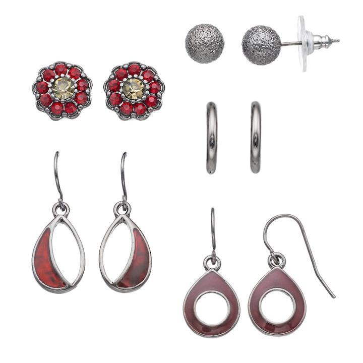 Simulated Siam Flower & Teardrop Nickel Free Earring Set, Women's, Red