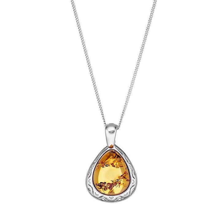 Sterling Silver Amber Teardrop Pendant Necklace, Women's, Orange