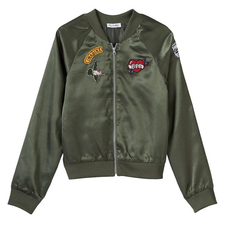 Girls 7-16 Love Fire Patch Silky Bomber Jacket, Girl's, Size: Medium, Green