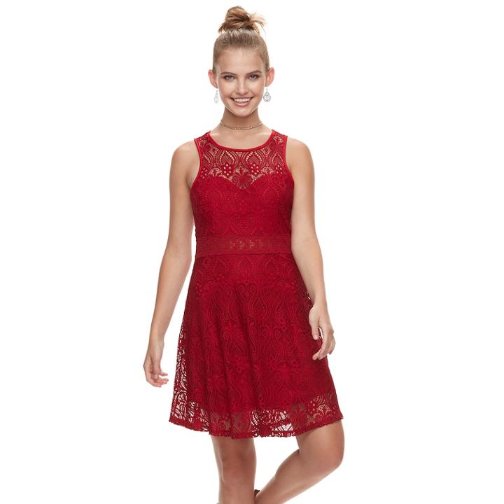 Juniors' Liberty Love Illusion Lace Skater Dress, Teens, Size: Small, Dark Red