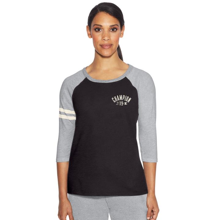 Women's Champion Striped Raglan Graphic Tee, Size: Large, Med Grey