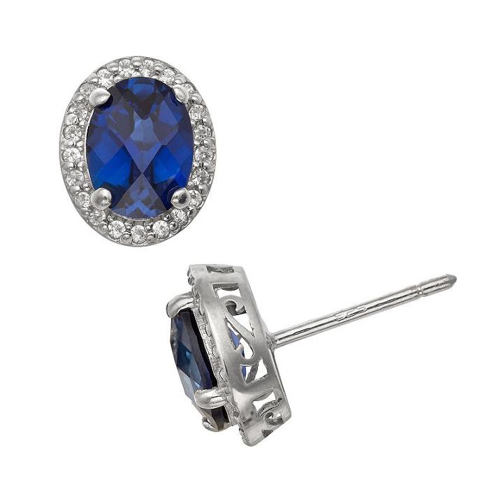 Sterling Silver Lab-created Sapphire And Lab-created White Sapphire Halo Stud Earrings, Women's, Blue