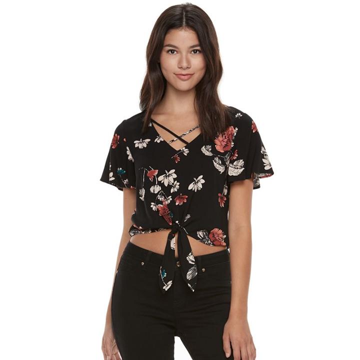 Juniors' Mudd&reg; Print Tie Front Top, Girl's, Size: Large, Black