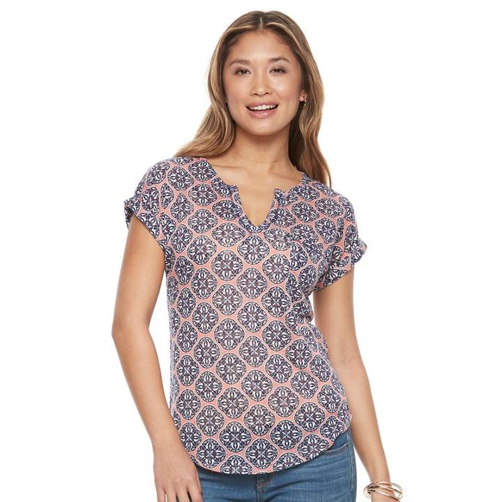 Petite Kate And Sam Printed Splitneck Tee, Women's, Size: M Petite, Drk Orange