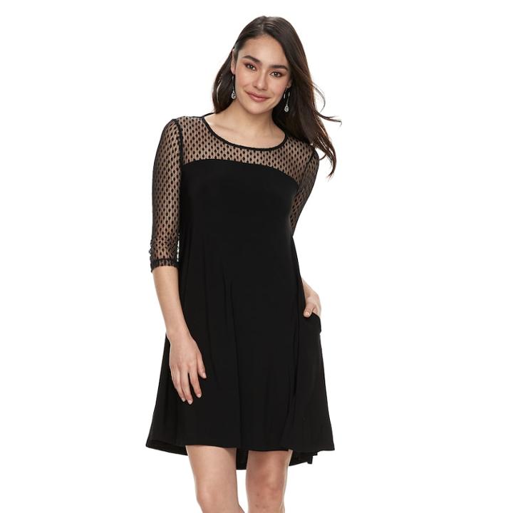 Women's Nina Leonard Mesh Yoke Trapeze Dress, Size: Small, Black