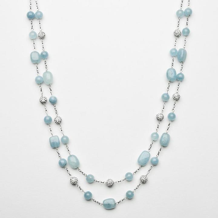 Sterling Silver Aquamarine Bead And Simulated Crystal Necklace, Women's, Size: 16, Blue