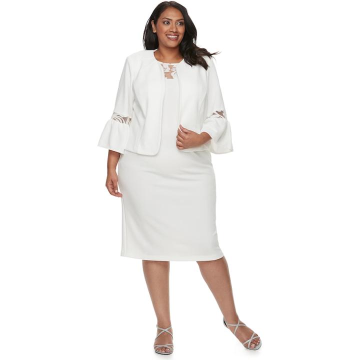 Plus Size Maya Brooke Bell Sleeve Jacket & Dress Set, Women's, Size: 14 W, White