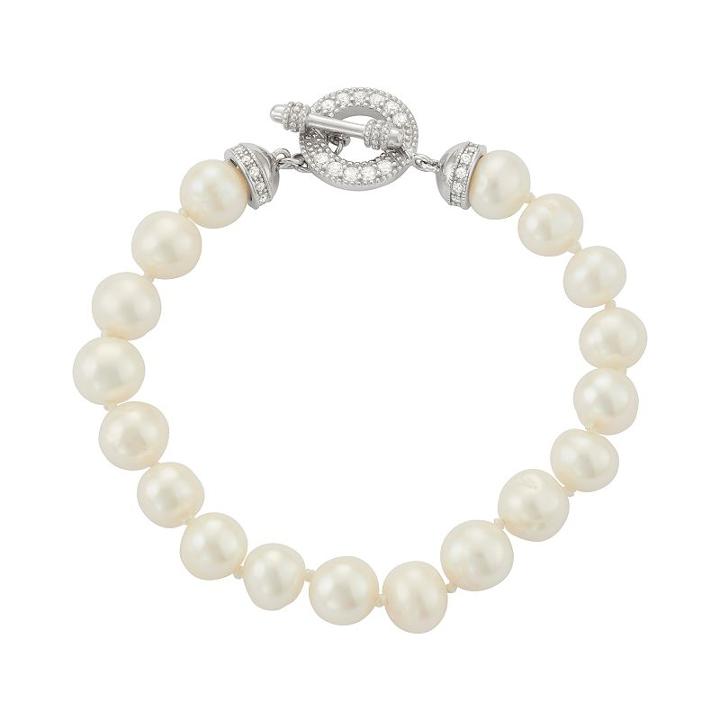 Sterling Silver Freshwater Cultured Pearl & Cubic Zirconia Toggle Bracelet, Women's, Size: 7.5, White