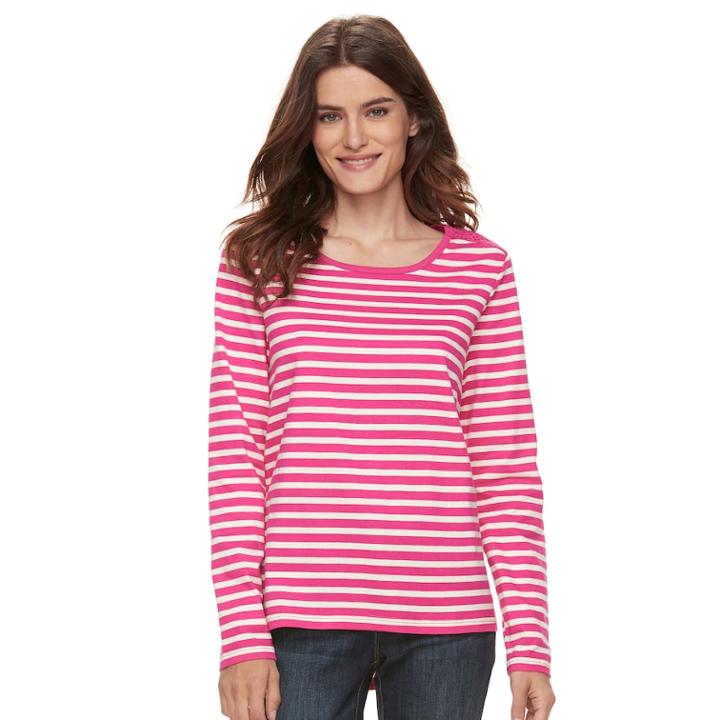Women's Caribbean Joe Striped & Lace Top, Size: Small, Dark Pink