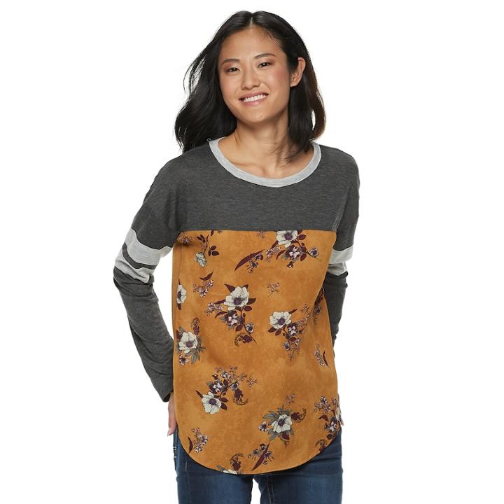 Juniors' Rewind Knit-to-woven Long Sleeve Tee, Teens, Size: Small, Gold