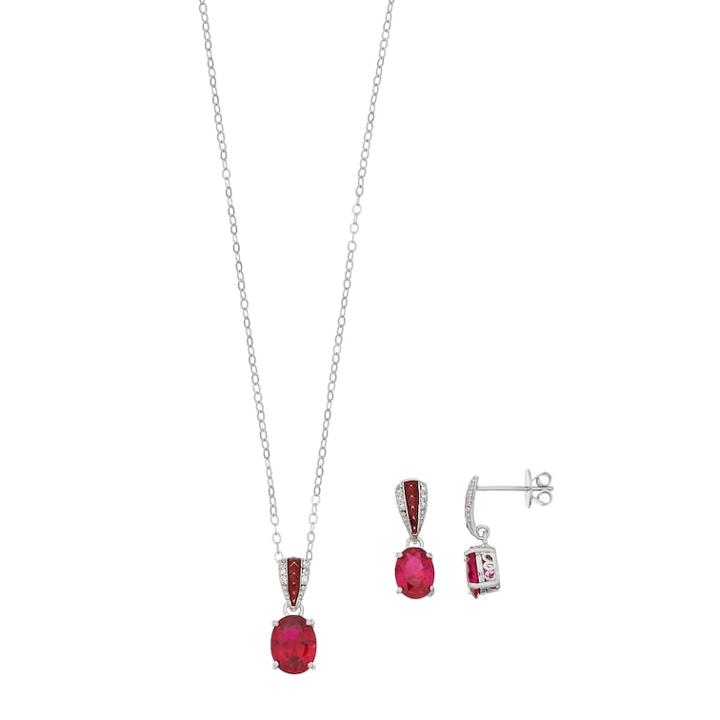Sterling Silver Lab-created Ruby Oval Pendant & Earring Set, Women's, Red