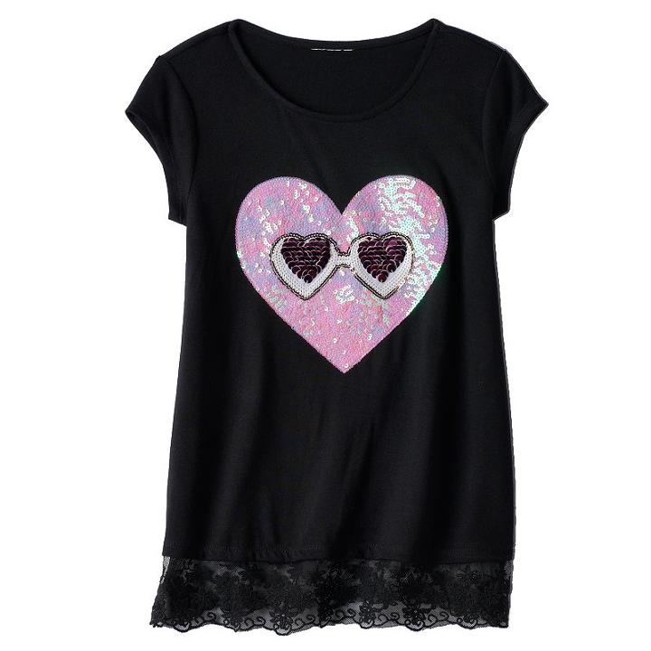 Girls 7-16 Miss Chievous Sequin Applique Lace Hem Tee, Girl's, Size: Medium, Black