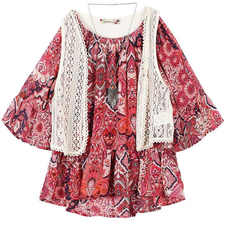 Girls 7-16 Speechless Crochet Vest & Chiffon Flounce Top With Necklace, Size: Medium, Light Red