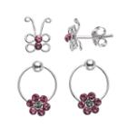 Charming Girl Kids' Sterling Silver Crystal Butterfly Stud & Flower Hoop Earring Set - Made With Swarovski Crystals, Multicolor