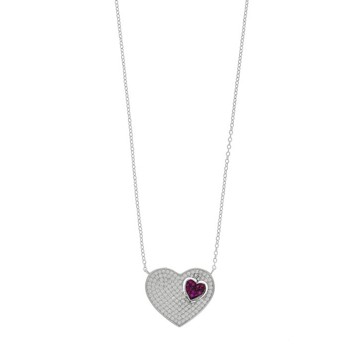 Sterling Silver Cubic Zirconia Pave Double Heart Pendant Necklace, Women's, White