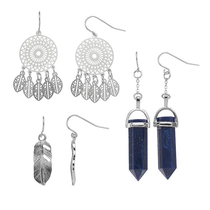 Mudd&reg; Dream Catcher, Feather & Blue Faceted Stone Nickel Free Drop Earring Set, Women's, Brt Blue