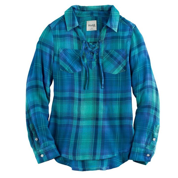 Girls 7-16 & Plus Size Mudd&reg; Lace-up Plaid Popover Top, Size: 14, Blue