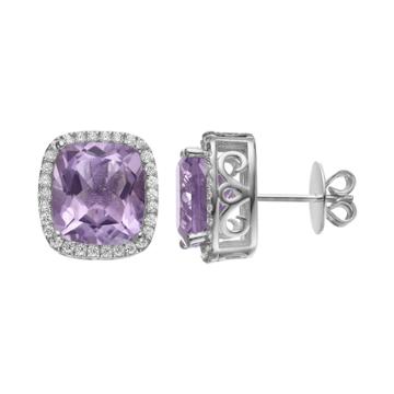 Rebecca Sloane Amethyst & Cubic Zirconia Platinum Over Silver Cushion Halo Stud Earrings, Women's, Purple