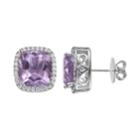 Rebecca Sloane Amethyst & Cubic Zirconia Platinum Over Silver Cushion Halo Stud Earrings, Women's, Purple