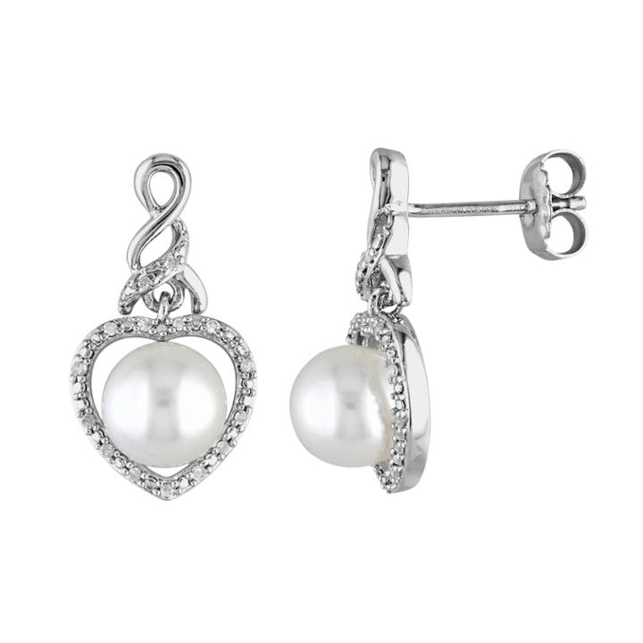 Stella Grace Freshwater Cultured Pearl & 1/10 Carat T.w. Diamond Sterling Silver Heart Drop Earrings, Women's, White