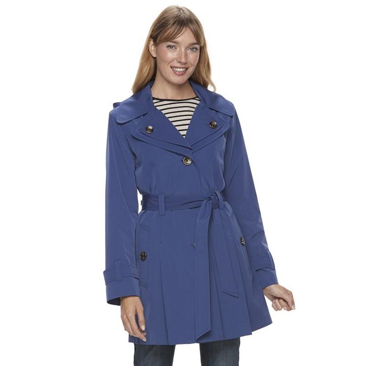Women's Tower By London Fog Hooded Double-layer Lapel Rain Jacket, Size: Large, Dark Blue