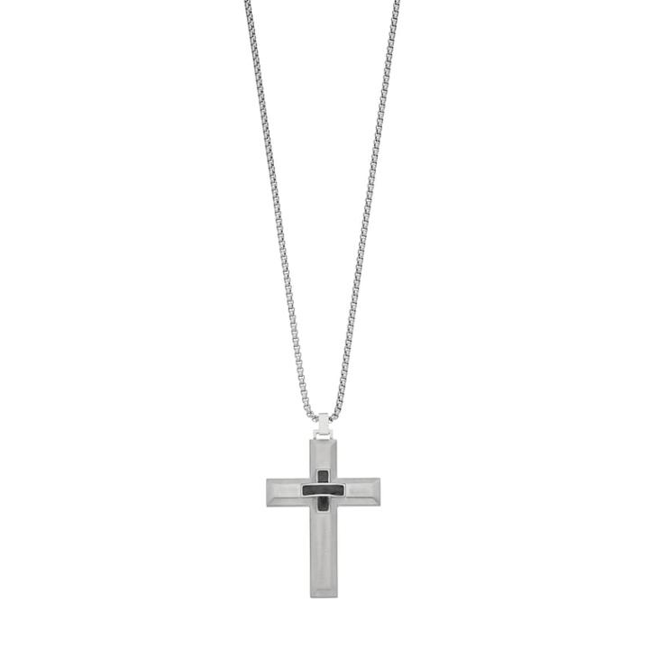 Lynx Men's Stainless Steel & Carbon Fiber Cross Pendant Necklace, Size: 24, Grey