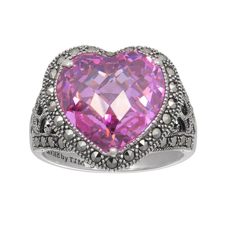 Lavish By Tjm Sterling Silver Pink Cubic Zirconia Heart Ring - Made With Swarovski Marcasite, Women's, Size: 7
