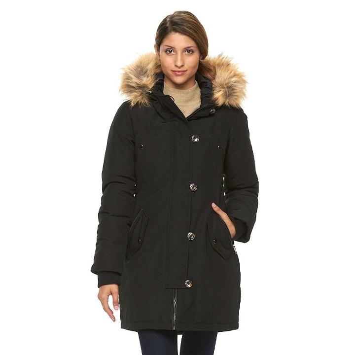 Women's Triple Star Anorak Parka With Faux Fur Collar, Size: Medium, Black