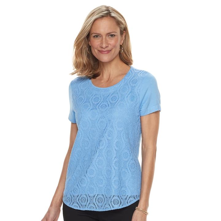 Women's Croft & Barrow&reg; Lace-front Tee, Size: Large, Light Blue