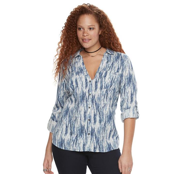 Plus Size Rock & Republic&reg; Tie-dye Roll-tab Shirt, Women's, Size: 0x, Blue