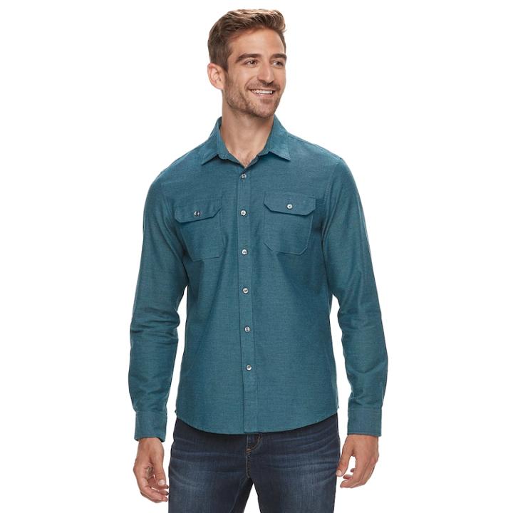 Men's Apt. 9&reg; Brushed Nep 2-pocket Woven Button-down Shirt, Size: Large, Dark Blue