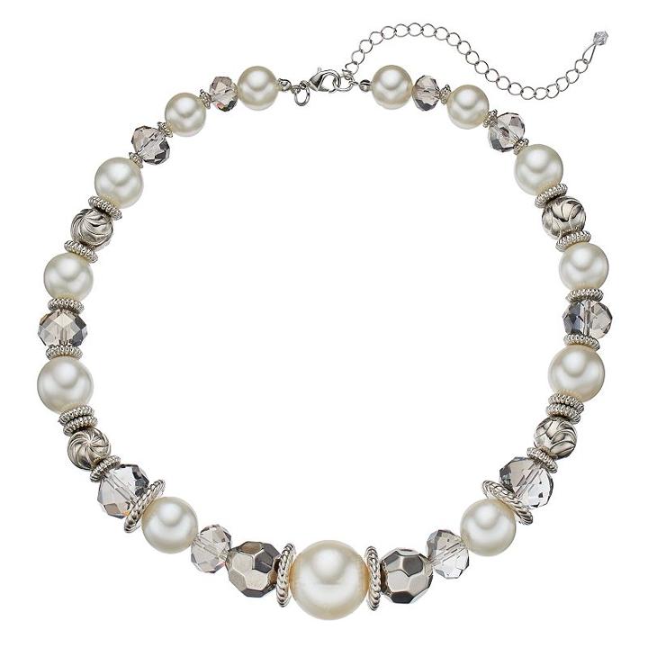 Graduated Simulated Pearl & Faceted Bead Necklace, Women's, White