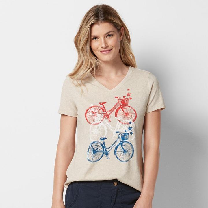 Women's Patriotic Graphic V-neck Tee, Size: Medium, Light Grey
