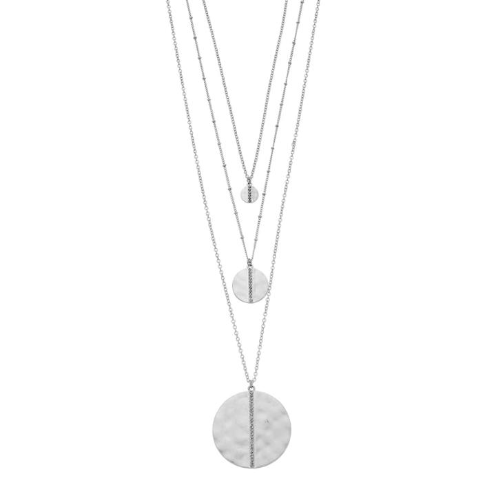 Simulated Crystal Hammered Disc Nickel Free Multistrand Necklace, Women's, Silver