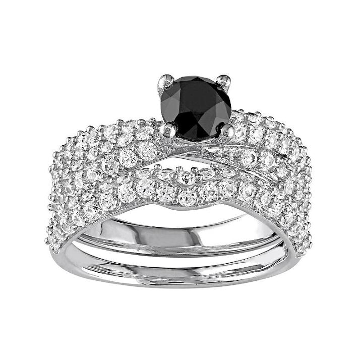 Sterling Silver 1 Carat T.w. Black Diamond & Lab-created White Sapphire Multirow Engagement Ring Set, Women's, Size: 8