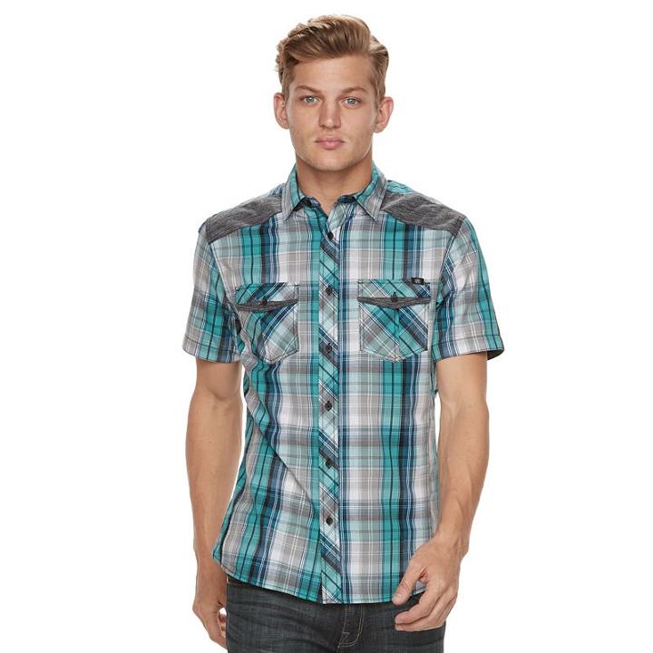 Men's Rock & Republic Plaid Woven Button-down Shirt, Size: Large, Turquoise/blue (turq/aqua)