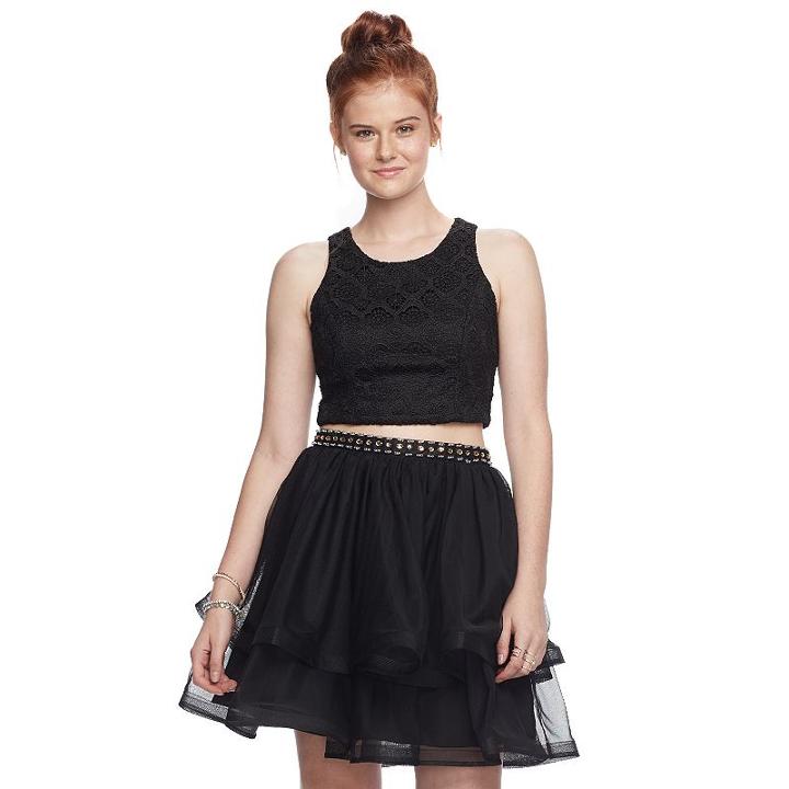 Juniors' My Michelle Tiered Skirt & Lace Top 2-piece Dress, Teens, Size: 9, Black